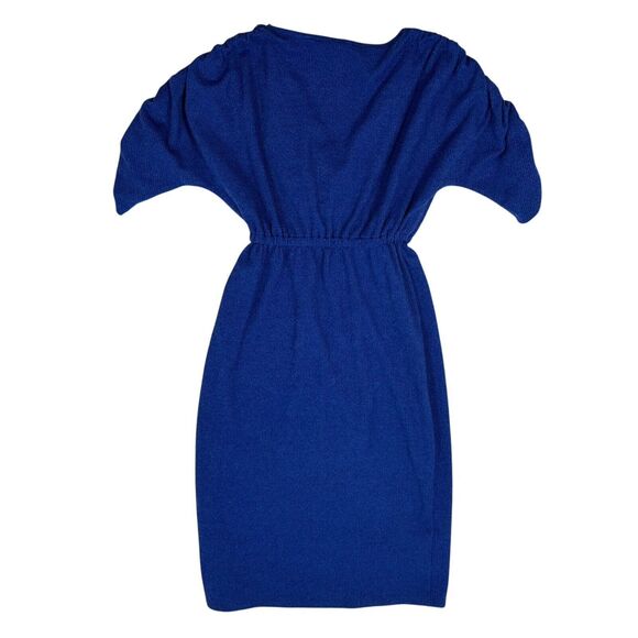 Anthropologie Amadi Robe Dress Size XS Blue Short A Line Wrap Neck Knit Stretch - Picture 2 of 7